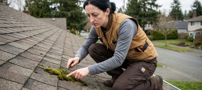 A roofing expert examining green moss In Victoria BC growth on asphalt shingles.