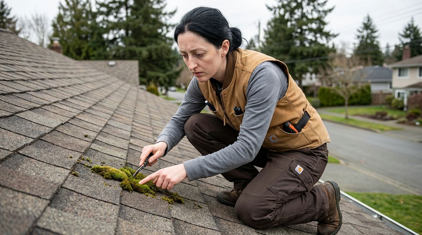A roofing expert examining green moss In Victoria BC growth on asphalt shingles.