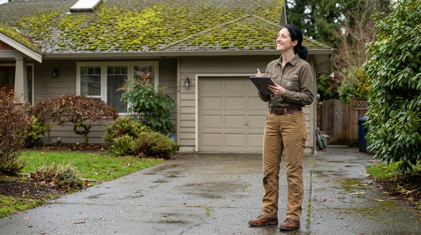 A professional inspecting a roof covered in moss on a suburban house in Victoria, BC. The image highlights the need for roof cleaning services. Limited spots available for free moss removal.