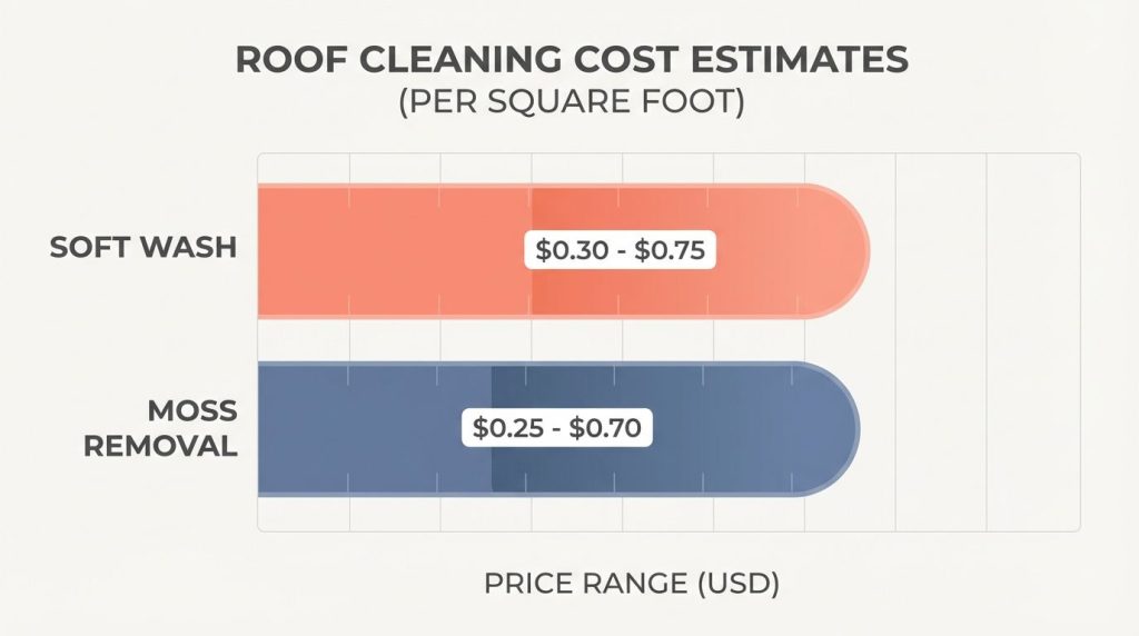 Bar chart visualizing the price range per square foot for soft wash and moss removal services.