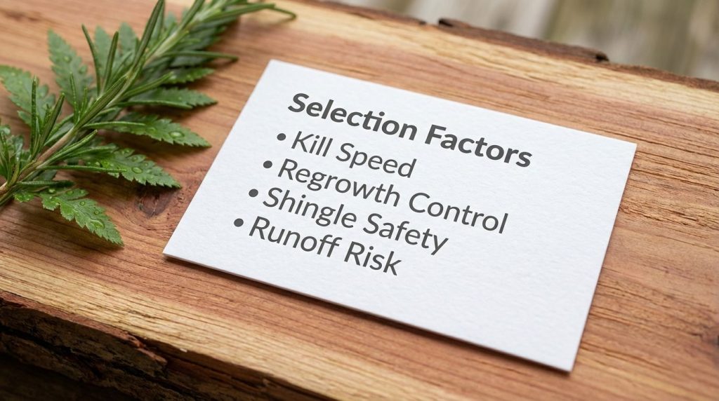 A checklist card on a wooden surface listing key factors for moss killers: Kill Speed, Regrowth Control, Shingle Safety, and Runoff Risk.