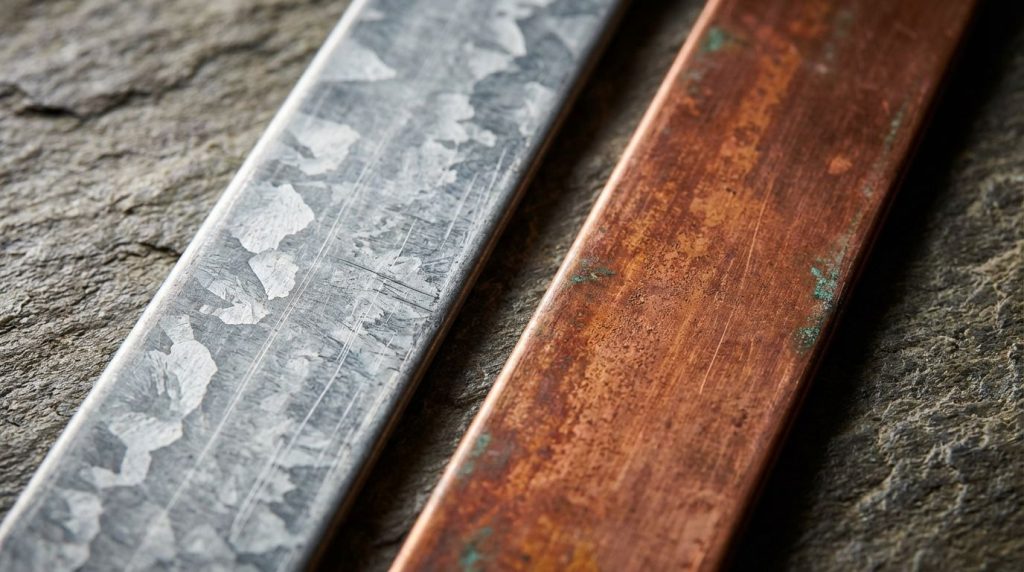 Close-up comparison of a silver zinc roof strip and a reddish-brown copper roof strip on a neutral background.