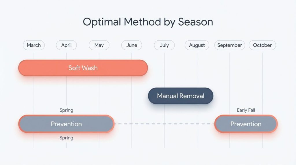 A timeline chart comparing the best seasons for manual removal versus soft washing.