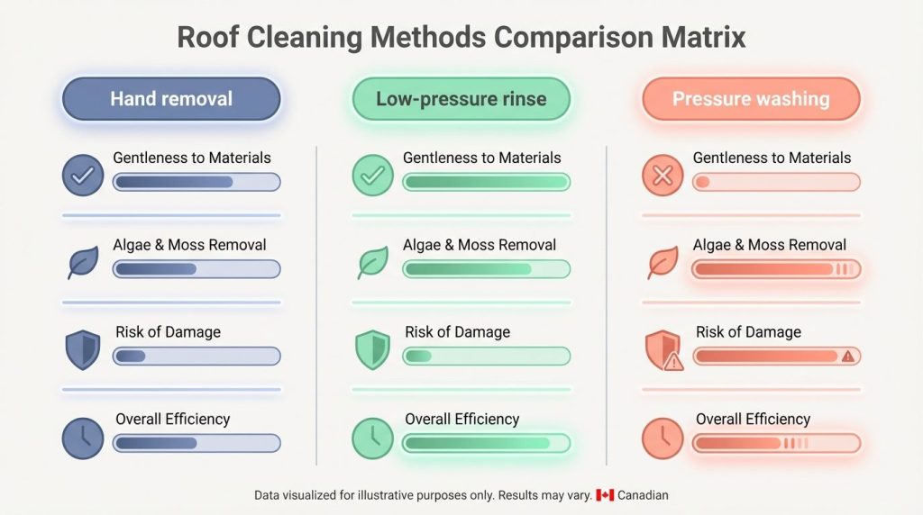 Comparison chart outlining pros and cons of roof cleaning methods.