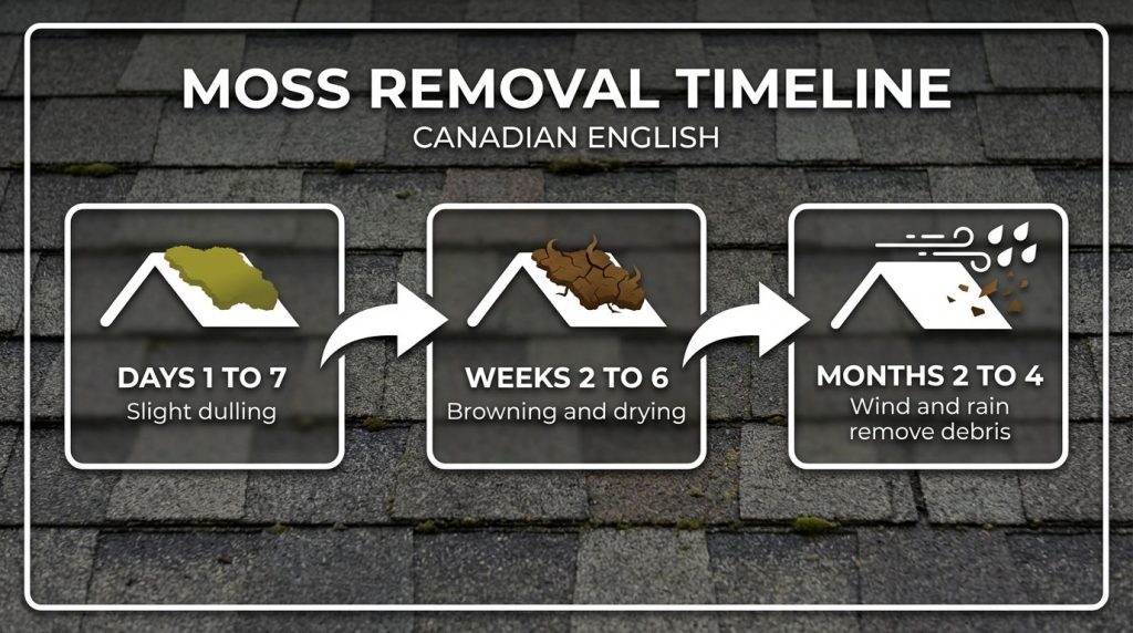 Infographic timeline showing the stages of roof moss removal from Days 1-7 to Months 2-4.