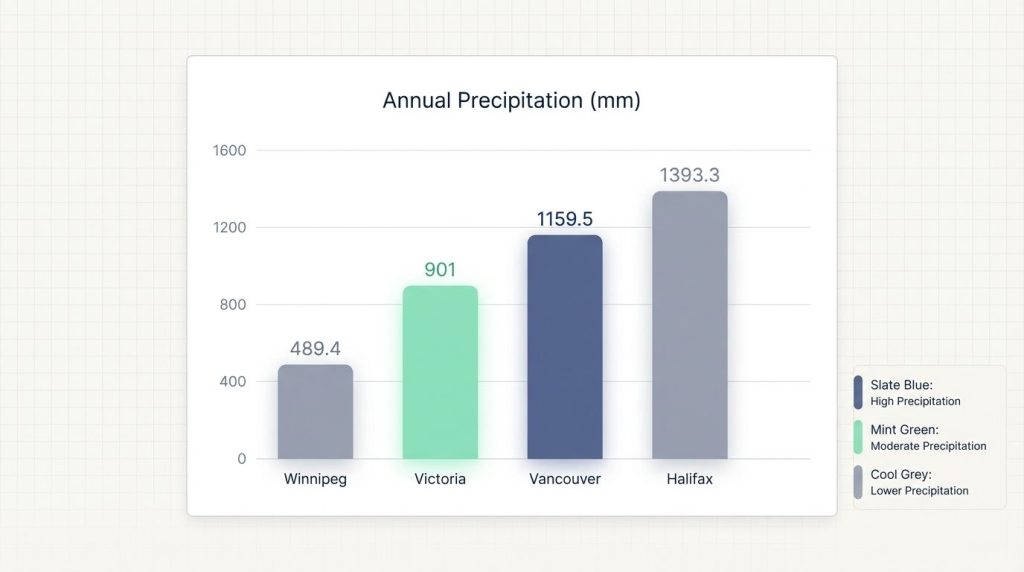 Bar chart comparing annual precipitation in millimetres across major Canadian cities.