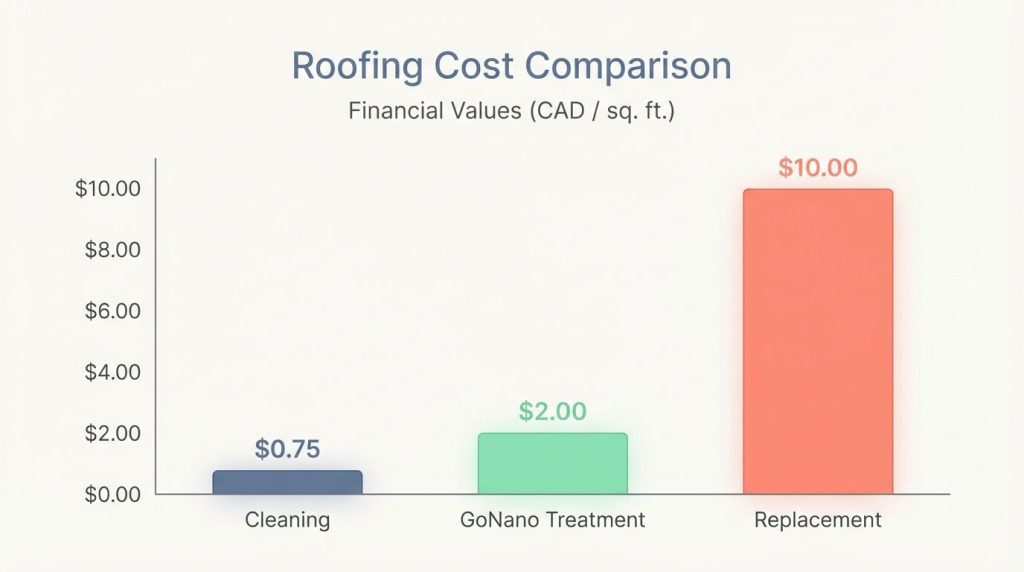 Bar chart comparing the cost per square foot for roof cleaning, GoNano treatment, and roof replacement.