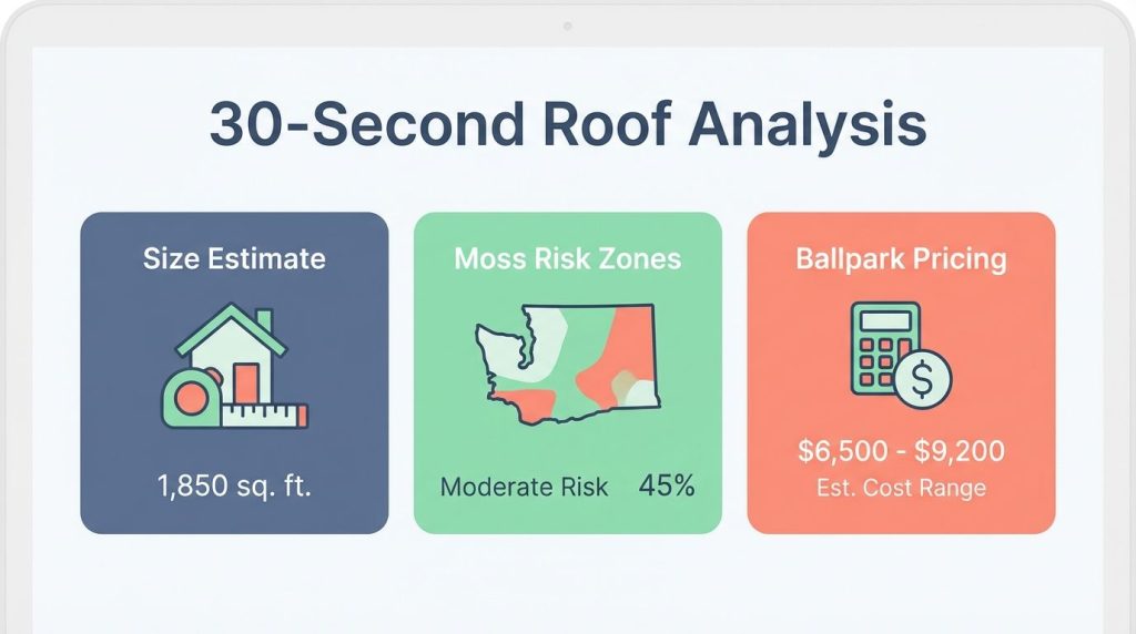 Digital dashboard interface showing roof analysis metrics: Size Estimate, Moss Risk Zones, and Ballpark Pricing.