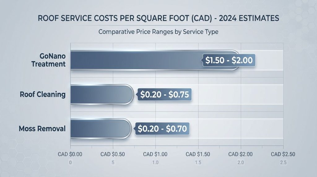 Bar chart comparing costs per square foot for GoNano treatment, roof cleaning, and moss removal.