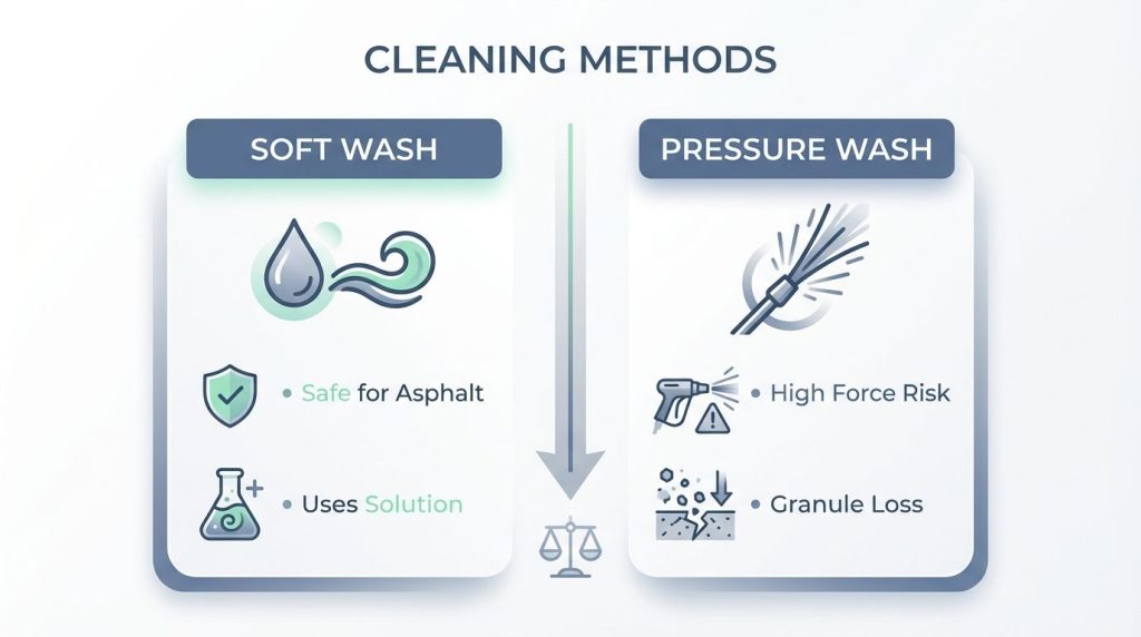 Comparison chart showing Soft Wash safety versus Pressure Wash risks for asphalt roofs.
