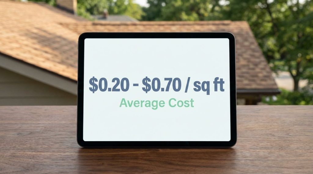 A digital display showing the average cost per square foot for roof moss removal.
