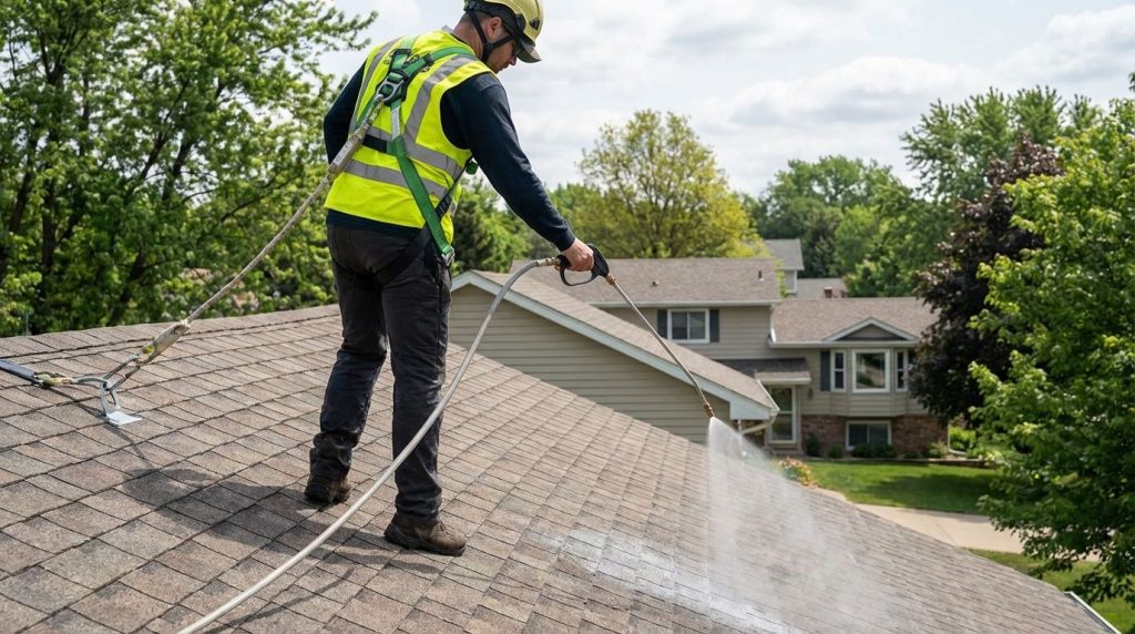 A professional roofing technician performing a soft wash on a residential roof.