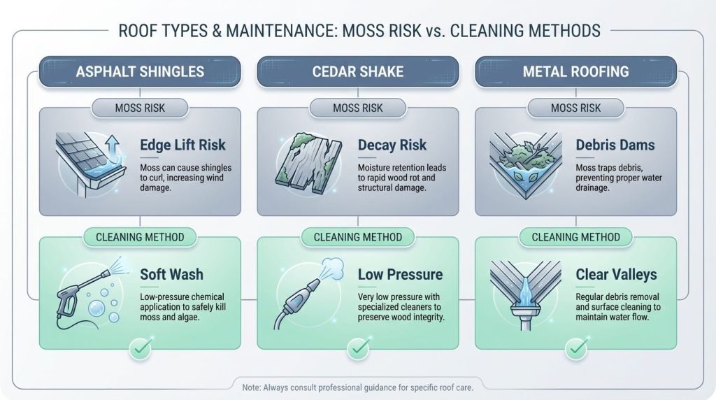 Comparison chart showing maintenance needs for Asphalt Shingles, Cedar Shake, and Metal Roofing. Comparison chart showing maintenance needs for Asphalt Shingles, Cedar Shake, and Metal Roofing.