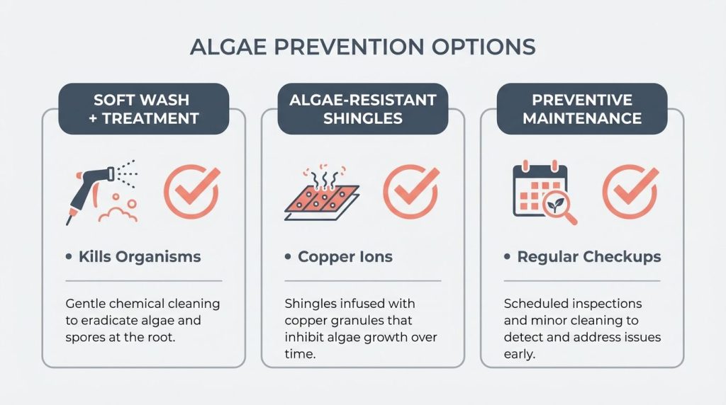 Chart outlining Algae Prevention Options including Soft Wash, Resistant Shingles, and Maintenance.