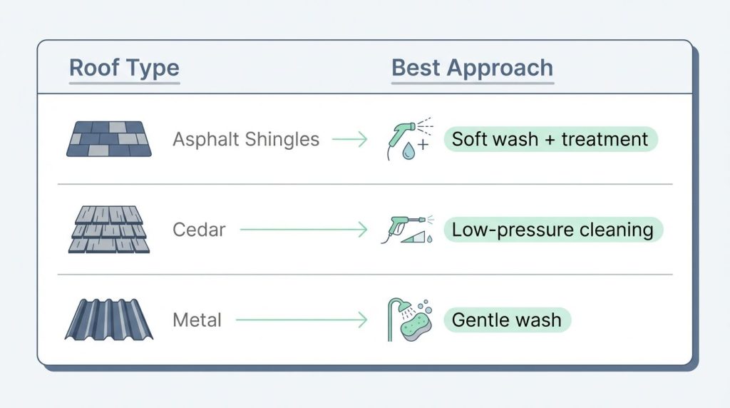 Comparison chart showing best cleaning approaches for Asphalt, Cedar, and Metal roofs.