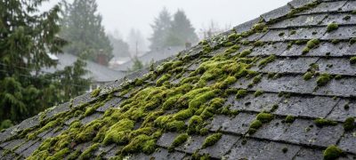 Close-up of thick green moss growing on wet asphalt roof shingles under a grey sky.