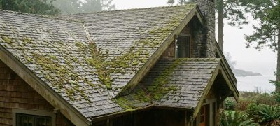 Image of a house with a shingle roof heavily covered in moss, highlighting the need for effective moss killers for roofs.