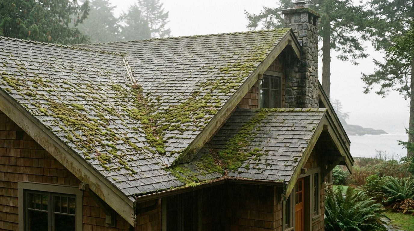 Image of a house with a shingle roof heavily covered in moss, highlighting the need for effective moss killers for roofs.