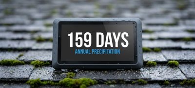 Wet roof with moss growth and a screen displaying '159 Days Annual Precipitation', emphasizing the best time to remove moss from the roof.