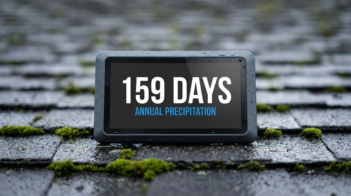 Wet roof with moss growth and a screen displaying '159 Days Annual Precipitation', emphasizing the best time to remove moss from the roof.