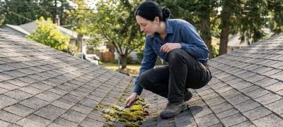 A Victoria inspecting and cleaning moss from roof shingles, demonstrating shingle maintenance and care in Victoria BC.