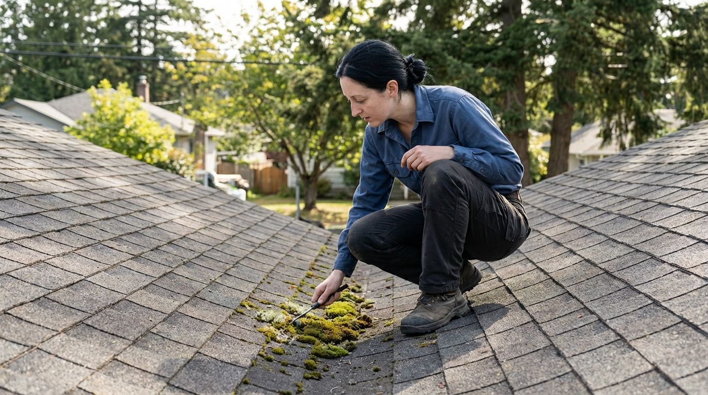 A Victoria inspecting and cleaning moss from roof shingles, demonstrating shingle maintenance and care in Victoria BC.