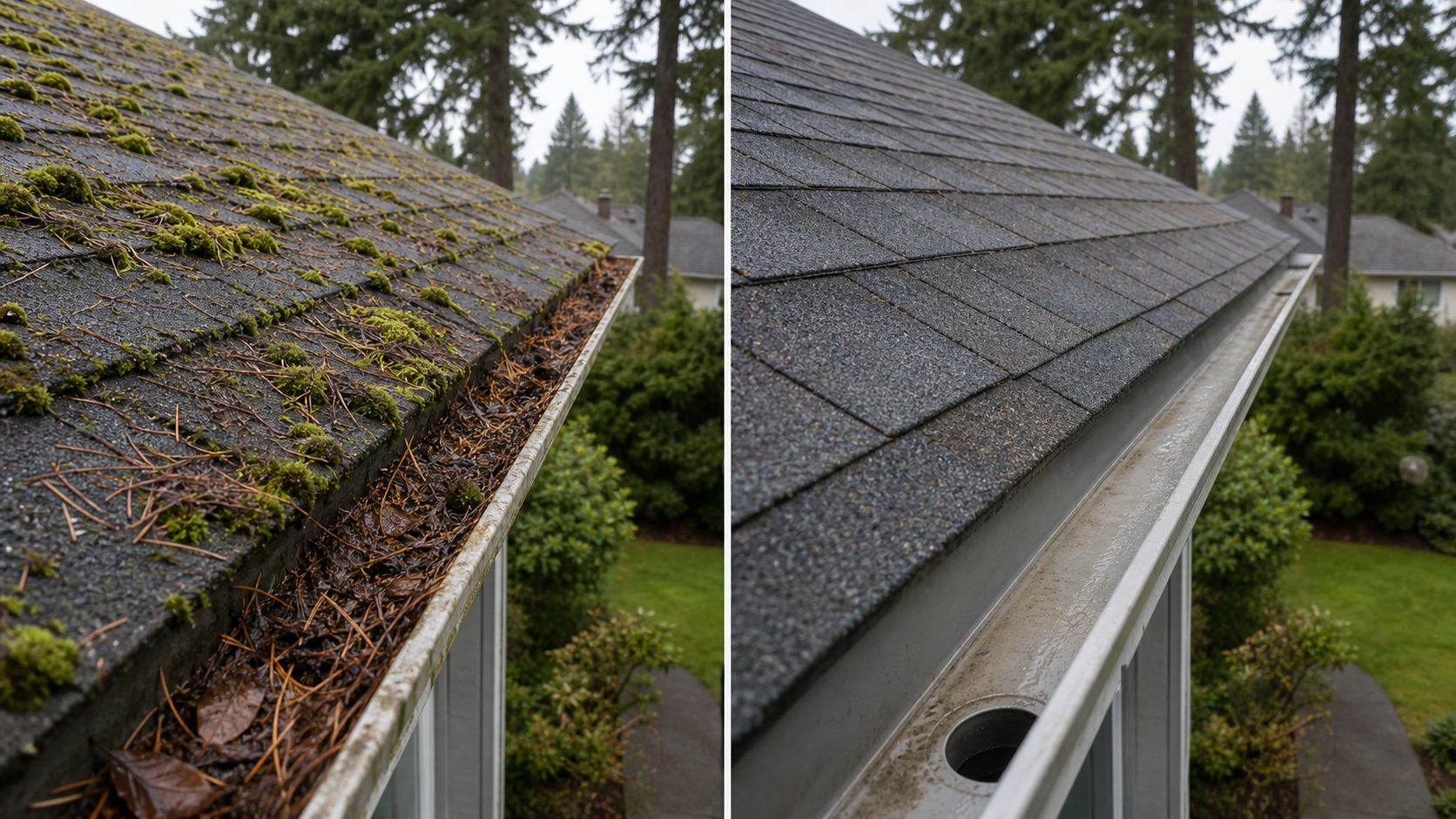 Before and after roof moss and gutter debris removal on a Colwood home