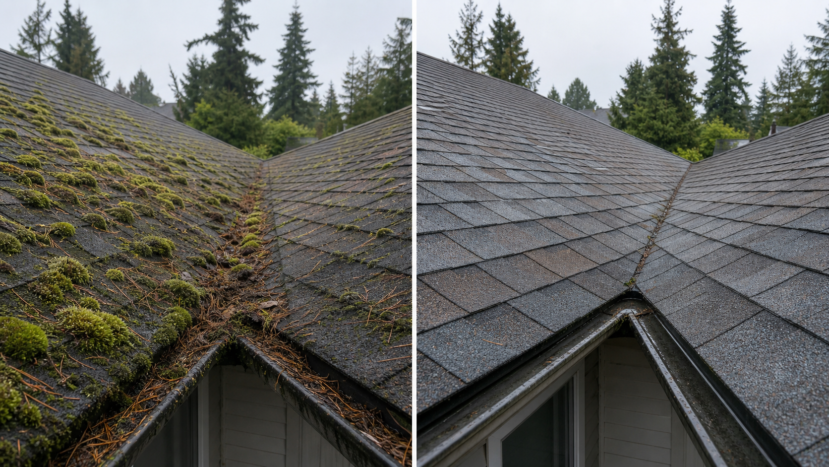Before and after roof valley moss removal on an asphalt shingle roof in Colwood