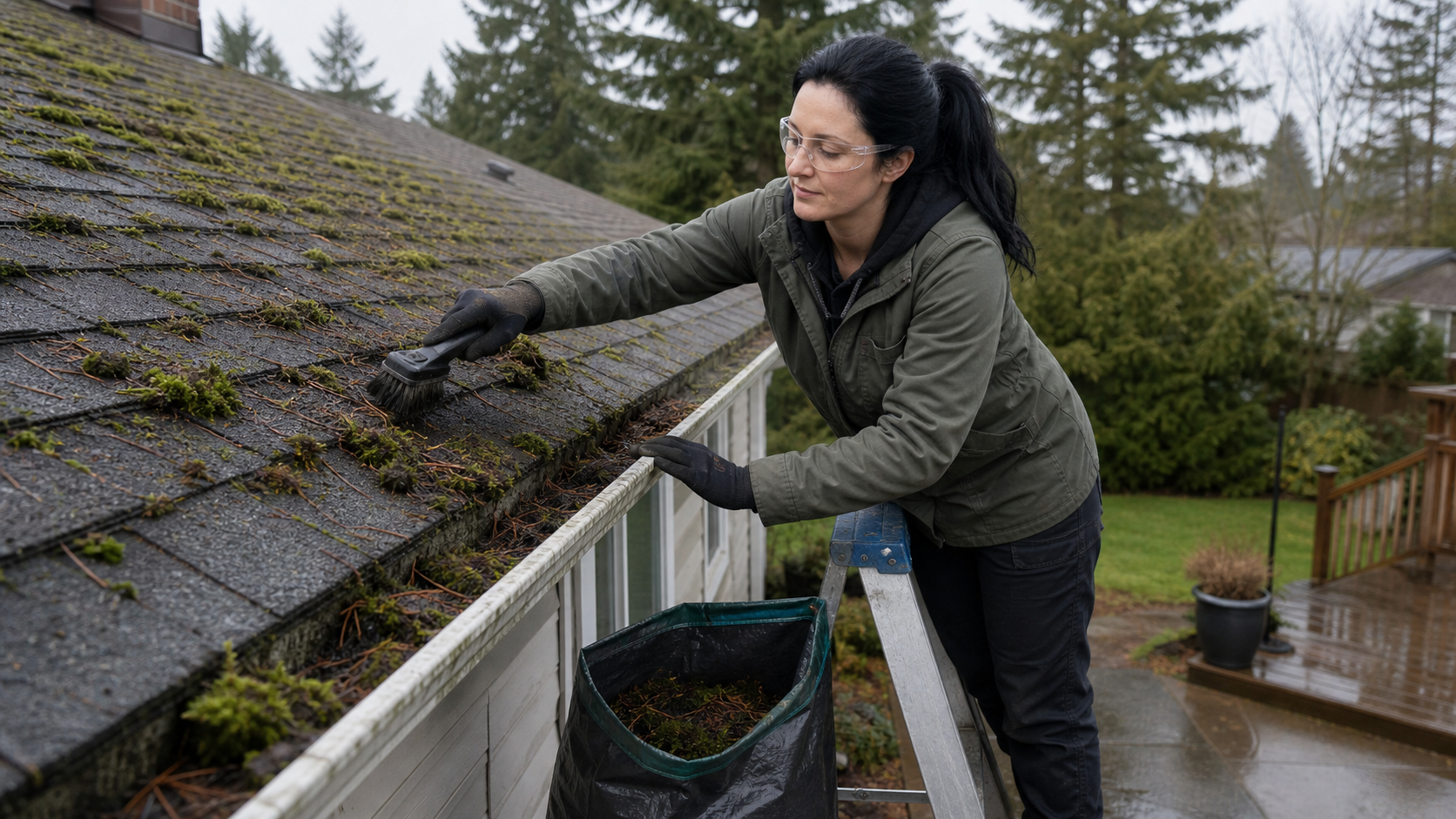 Worker gently brushing moss from an asphalt shingle roof edge on a Colwood home
