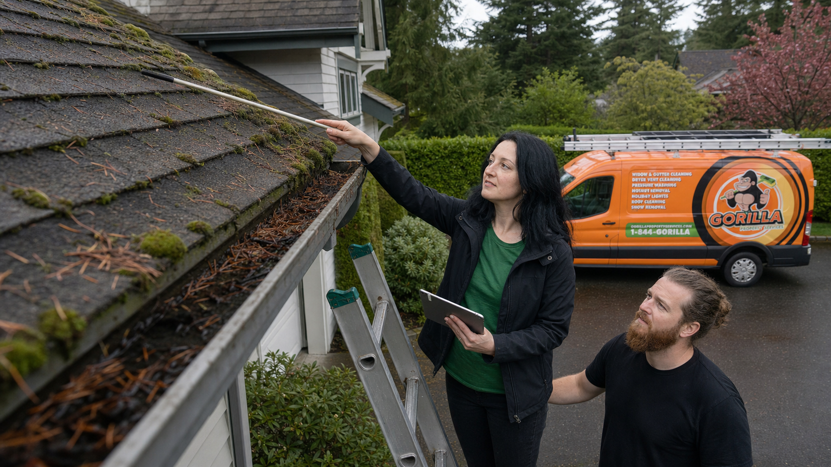 Victoria inspecting moss and fir needles along an Oak Bay asphalt shingle roof edge near the gutter