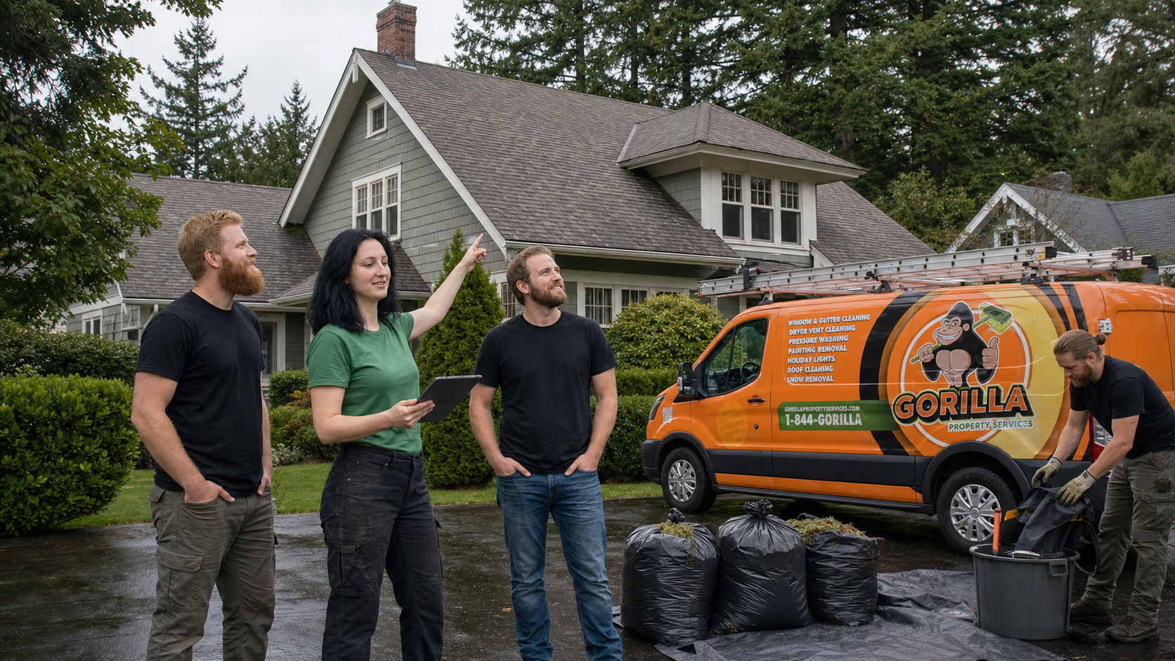 Roof moss removal crew with bagged moss debris beside a service van outside an Oak Bay home