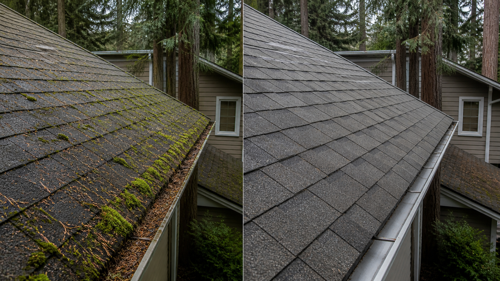 Before and after roof moss removal on asphalt shingles in a shaded Saanich BC neighbourhood
