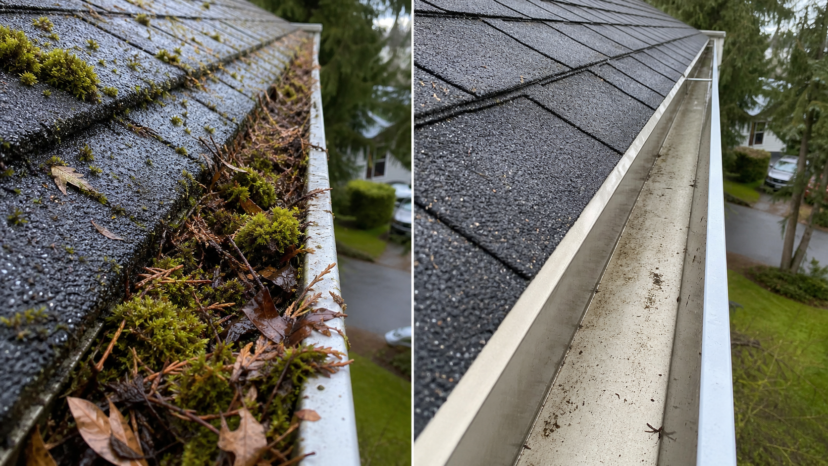 Before and after gutter cleaning with moss and roof debris removed from a Saanich home