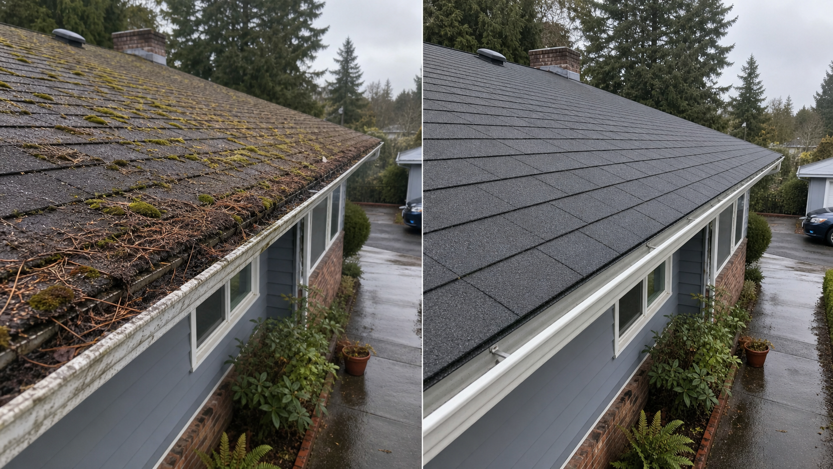 Before and after moss removal along the roof edge of a Saanich asphalt shingle home