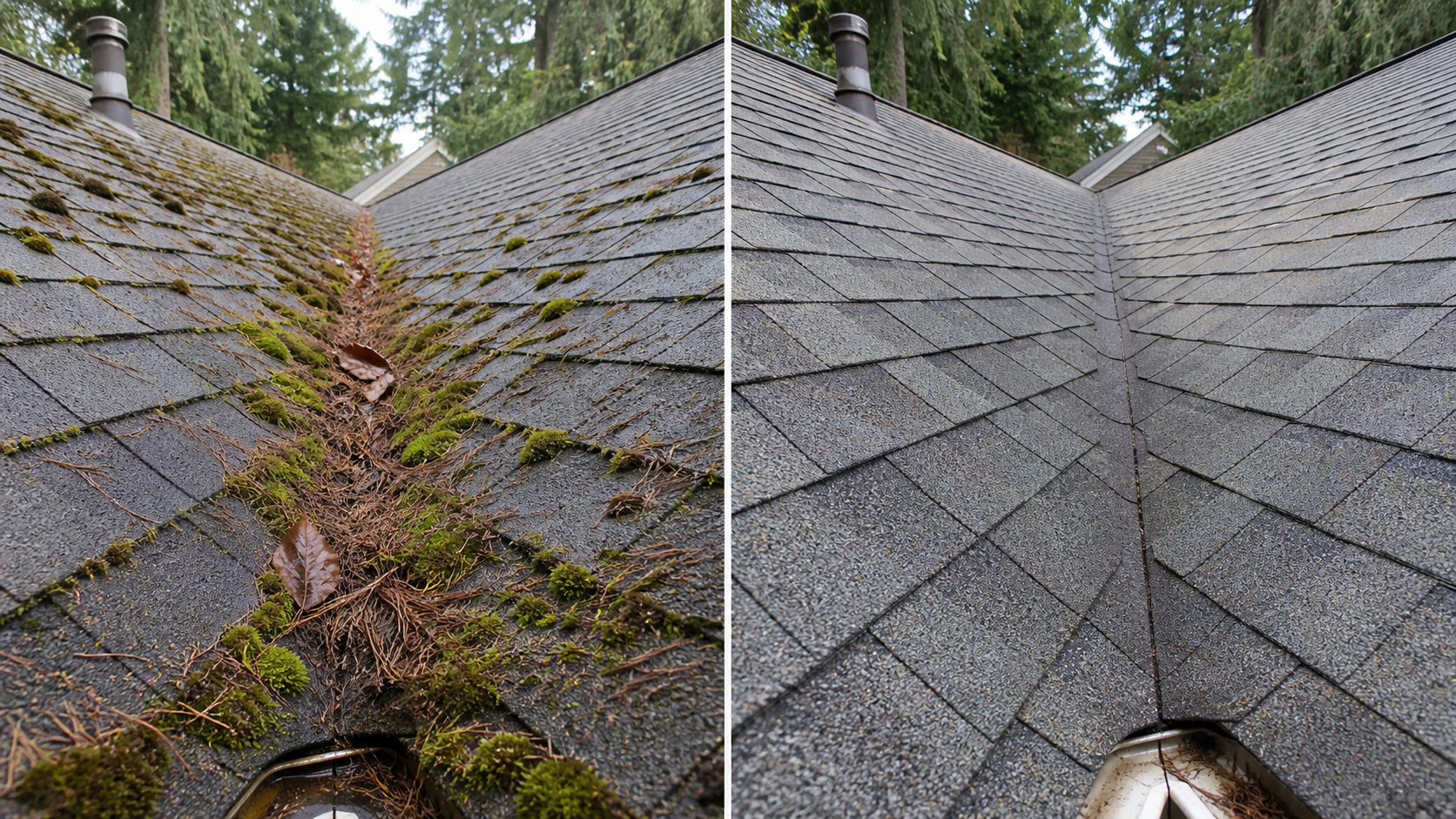 Before and after moss and debris removal from a shaded roof valley in Saanich BC