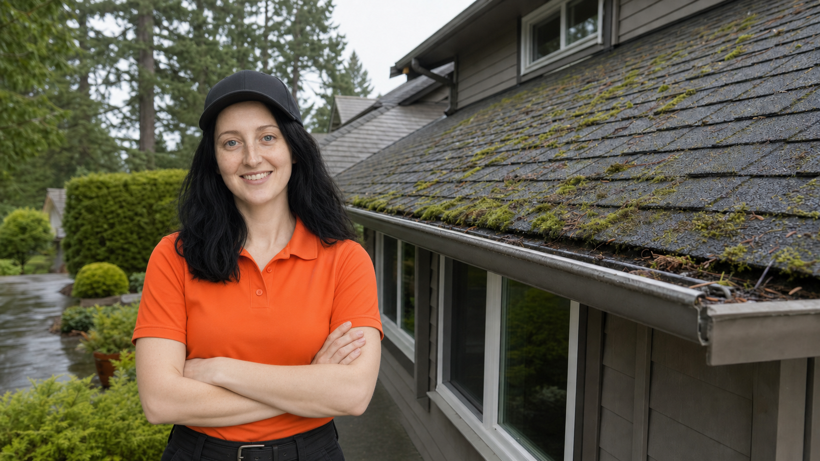 Victoria Lano in an orange roof cleaning uniform beside a mossy asphalt shingle roof in Saanich BC