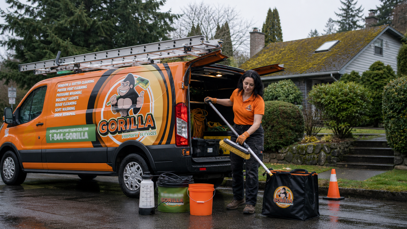 Victoria unloading roof moss removal tools from the Gorilla service van at an Esquimalt home