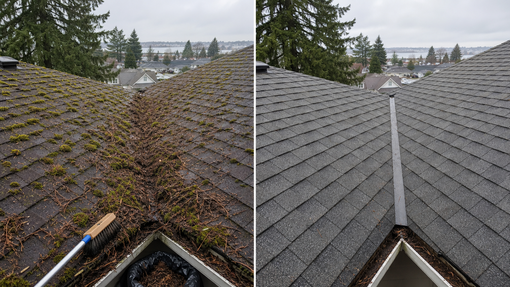 Before and after comparison of a mossy Esquimalt asphalt shingle roof valley cleaned after roof moss removal