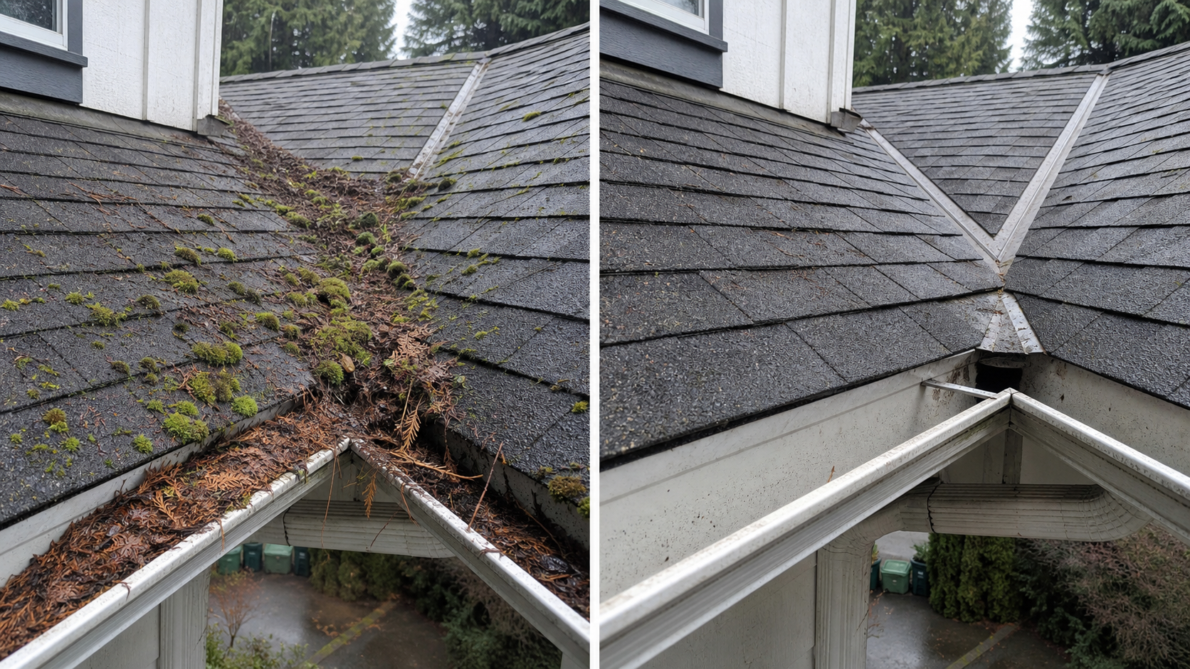 Before and after moss and debris cleanup in a Sidney roof valley and gutter