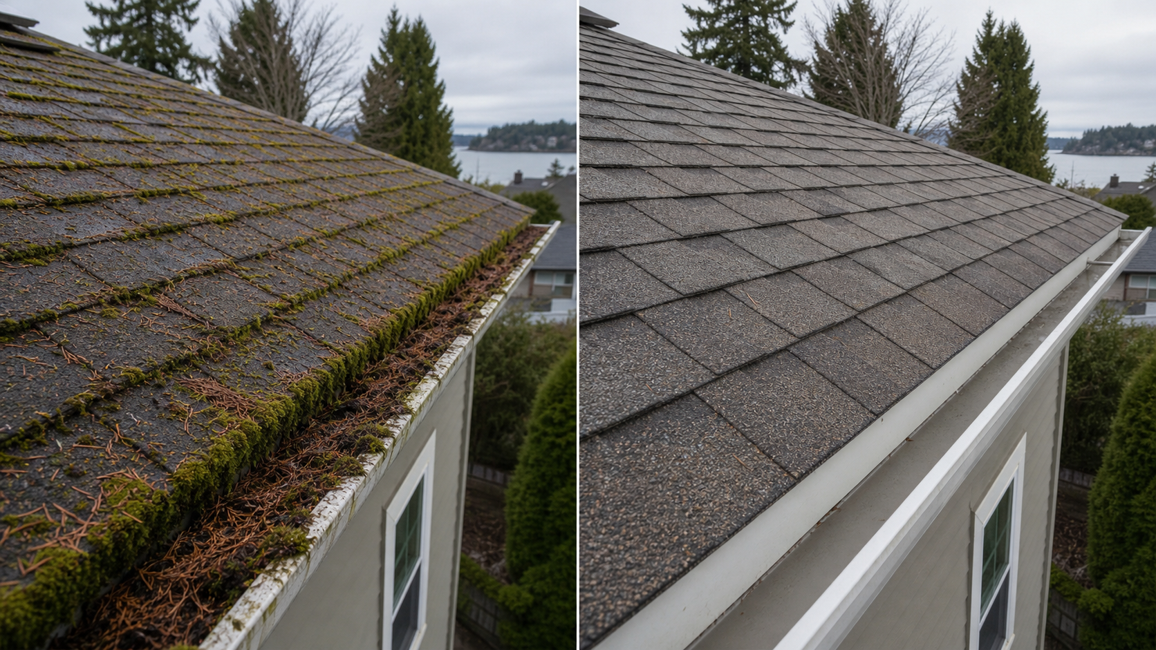 Before and after roof moss removal on a Sidney asphalt shingle roof edge