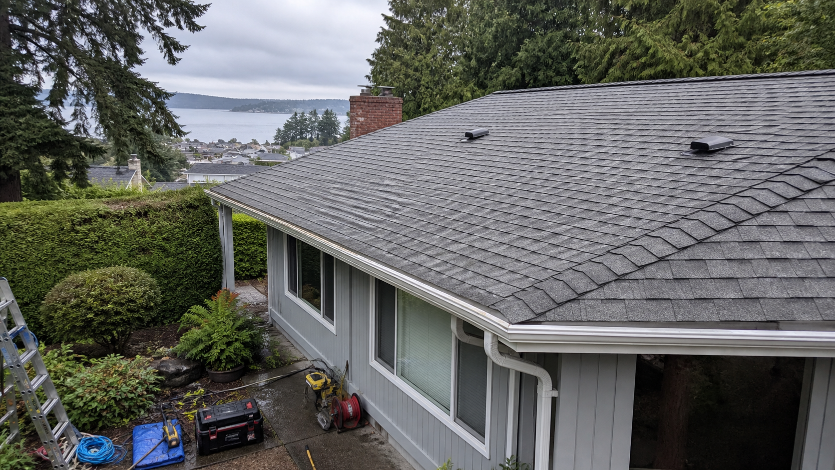 Cleaned Sidney asphalt shingle roof after roof moss removal with gutters and roof valleys tidy
