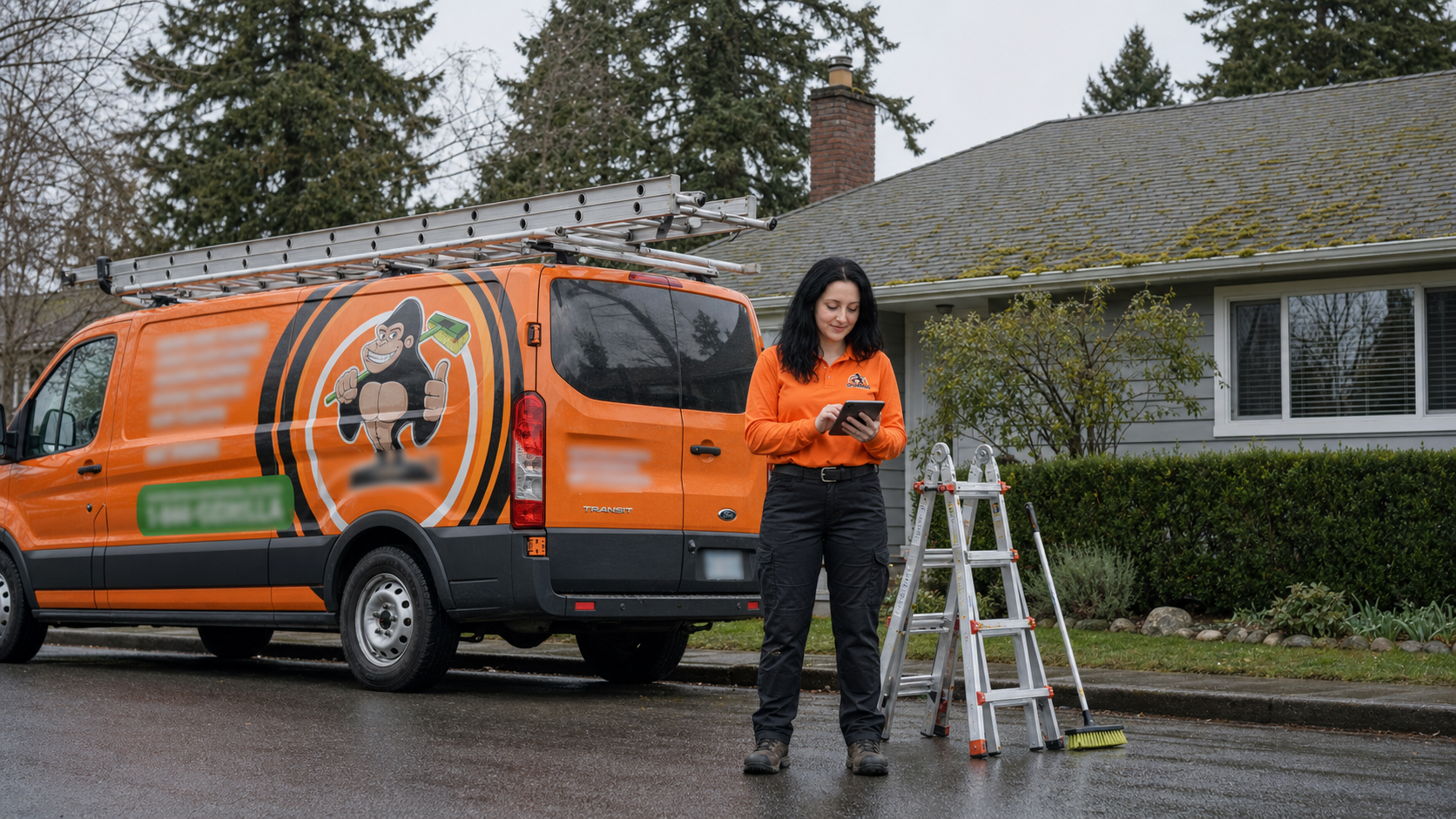 Orange service van outside a Sidney home while Victoria reviews roof moss inspection notes